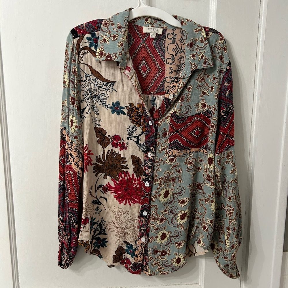 Umgee Multicolor Patchwork Button-Down Blouse